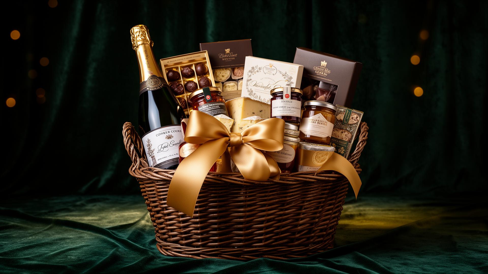 Luxury Copeland JB gift hamper overflowing with champagne, chocolates and gourmet treats, tied with a gold ribbon